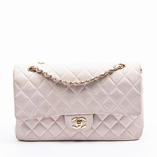 Chanel Classic 26 Double Flap Shoulder Bag, c. 2002, in light rosewater diamond quilted calf leather with golden hardware, opening to a matching rosew