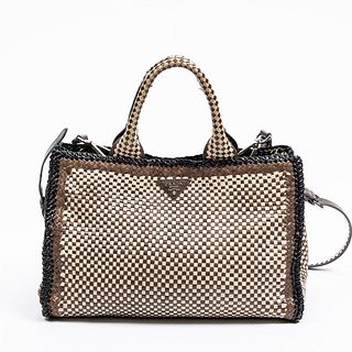 Prada Madras Tote Bag, in ivory and olive woven calf leather with silver hardware, opening to a black calf leather interior with a side zip closure st