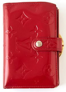 Louis Vuitton Rouge Fauviste French Purse, the calf leather Monogram Vernis with golden brass accent, opening to two card holders, three bill compartm
