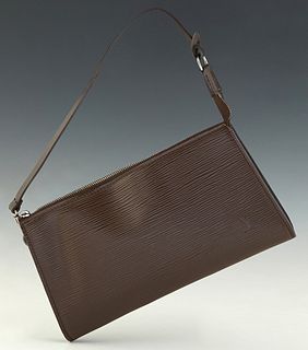 Louis Vuitton Accessory Pouch, in dark brown epi calf leather with silver brass hardware, opening to a dark brown suede lined interior, H.- 5 in., W.-