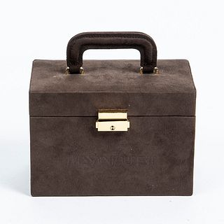 Yves Saint Laurent Vintage Vanity Case, in dark brown suede with golden hardware, opening to a dark brown suede lined interior with a small mirror on 