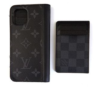 Two Louis Vuitton Items, consisting of a black monogram coated canvas phone case and a black damier ebene coated canvas men's card holder. Note: this 