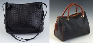 Two Vintage Bottega Veneta Handbags, the first in black woven calf leather with golden hardware, opening to a black leather lined interior with a cent