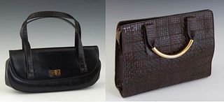 Two Vintage Handbags, the first example in woven brown calf leather with golden hardware, the interior lined in brown calf leather with a side zipper 