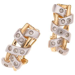 PAIR OF EARRINGS WITH DIAMONDS IN WHITE AND YELLOW 14K GOLD Brilliant cut diamonds ~0.36 ct. Weight: 7.7 g | PAR DE ARETES CON DIAMANTES EN ORO AMARIL