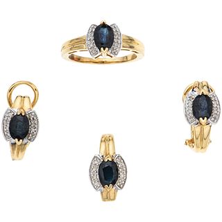 SET OF PENDANT, RING AND PAIR OF EARRINGS WITH SAPPHIRES AND DIAMONDS IN 14K YELLOW GOLD Weight: 10.9 g | JUEGO DE PENDIENTE, ANILLO Y PAR DE ARETES C