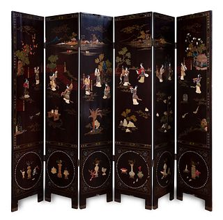 Coromandel folding screen; China, first half of the 20th century. Lacquered wood, hard stones, bone and mother-of-pearl.