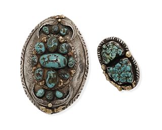 A Southwest silver and turquoise belt buckle and ring