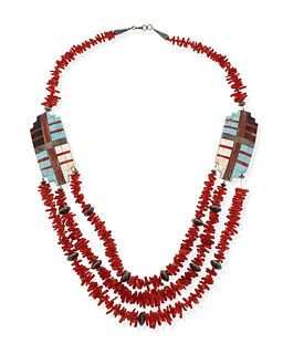 A Santo Domingo Pueblo coral and inlaid necklace