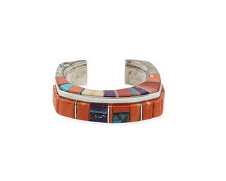 A Wes Willie Navajo mosaic inlay coral cuff bracelet