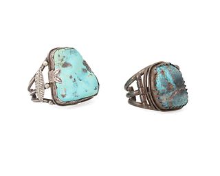 Two Southwest silver and turquoise cuff bracelets