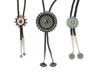Three Zuni silver and turquoise bolo ties