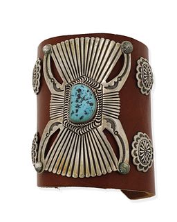A Henry Morgan Navajo silver and turquoise ketoh arm guard