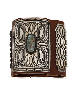 A Navajo silver and turquoise ketoh arm guard