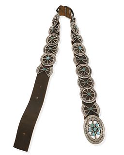 A Navajo silver and turquoise concho belt