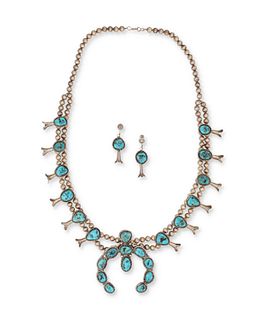 A Navajo silver and turquoise squash blossom necklace with earrings