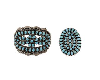 Two Zuni-style silver and turquoise jewelry items