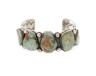 A large Lee Bennett Navajo silver and turquoise cuff bracelet