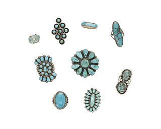 A group of Southwest silver and turquoise rings