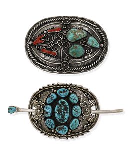 A Navajo turquoise and coral belt buckle and hair slide