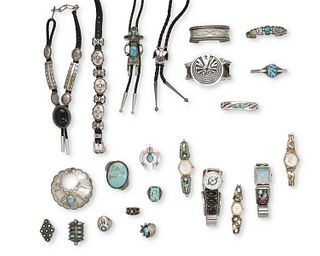 A large group of Native American silver jewelry