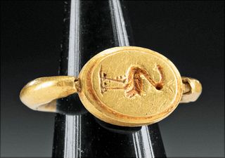 Egyptian Gold Intaglio Swivel Ring w/ Birds