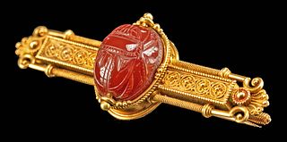 Etruscan Revival Gold Brooch w/ Ancient Jasper Scarab