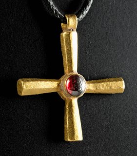 Superb Byzantine Gold Cross w/ Garnet Cabochon