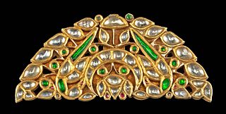 19th C. Mughal Gold Pendant- White Topaz, Glass, Rubies