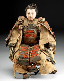 Japanese Meiji Gofun, Silk, & Wood Samurai Doll