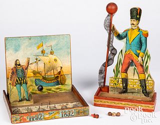 Two lithographed paper on wood marble toys