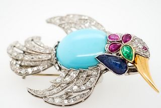 Platinum Art Deco Austrian Turquose Diamond Bird Brooch