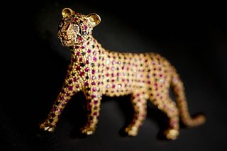 18K Yellow Gold Diamond, Ruby, Emerld and Sapphire Panther Brooch
