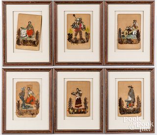 Set of six feather painted prints, late 19th c.