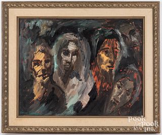 Oil on canvas four faces, signed Hazel Feltman