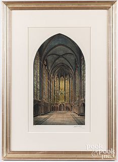 Signed engraving of a church interior