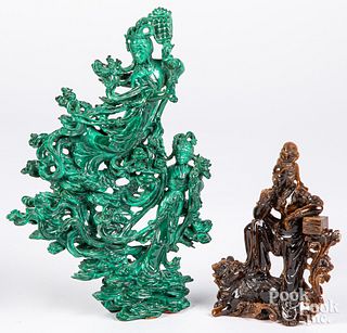 Chinese carved malachite and tiger's eye figures