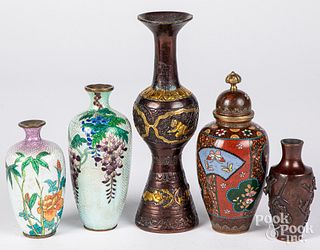 Five Japanese and Chinese cloisonne vases