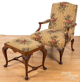 Georgian style carved mahogany armchair and stool