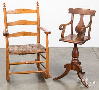 Ladderback rocking chair,  and a maple highchair