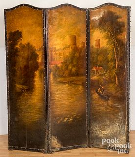 English oil on canvas three-part folding screen