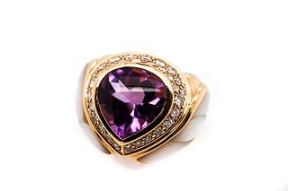 14k Yellow Gold Amethyst, Diamond and  Mother of Pearl Ring
