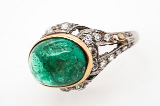 Platinum and Gold Cabochon Emerald and Diamond Ring 