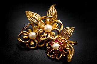 14K Yellow Gold Ruby and Pearl Flower Brooch
