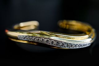 18K Yellow Gold and Platinum Modern Diamond Bangle Bracelet