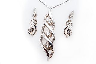 14k White Gold Diamond Pendant and Earrings Set