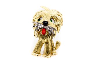 French Enamel and 18K Yellow Gold Dog Brooch