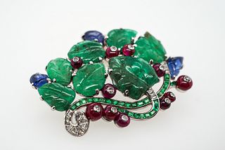 Platinum Tutti Fruitti style Carved Emerald and Diamond Brooch