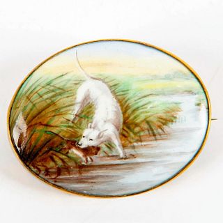 Royal Doulton Porcelain Brooch, Dog Scene