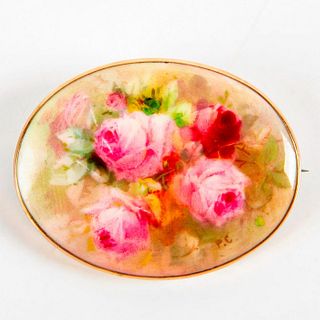 Royal Doulton Porcelain Brooch by Percy Curnock, Roses